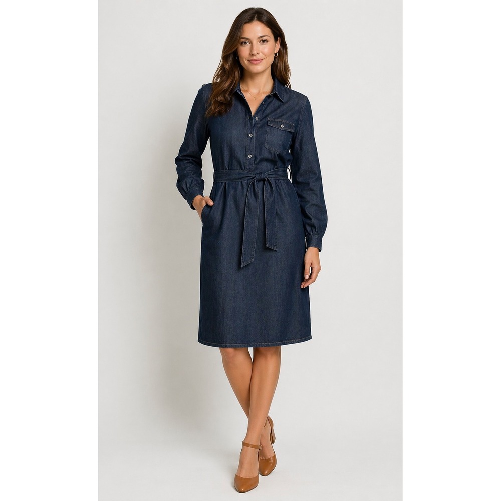 Ann Taylor LOFT Women's ‎ Small Dark Blue Denim Long Roll Tab Sleeve Dress Tunic